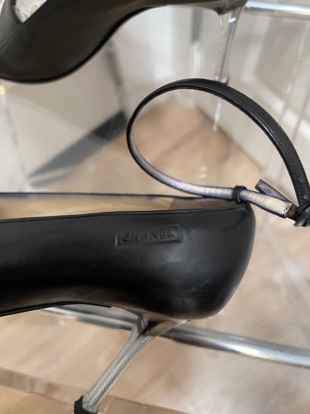 CHANEL Black Leather Square-Toe Ankle-Strap Sandals - Picture 2 of 9